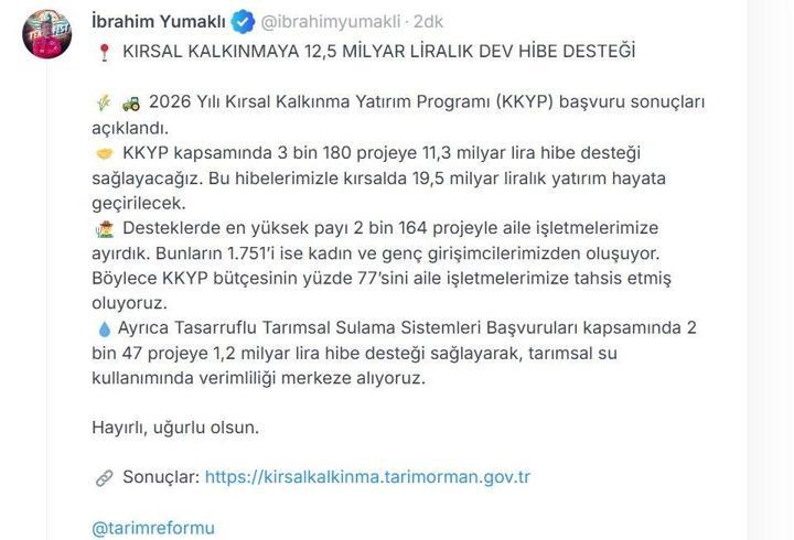 Kırsal kalkınmaya 12,5 milyar liralık hibe desteği